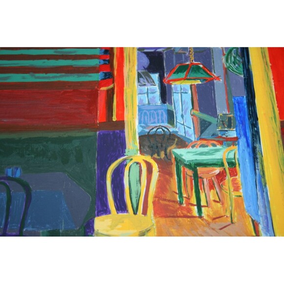 Nice Small Vibrant Original Painting Old Downtown Bar Pool Billiards US Flag - Picture 4 of 6